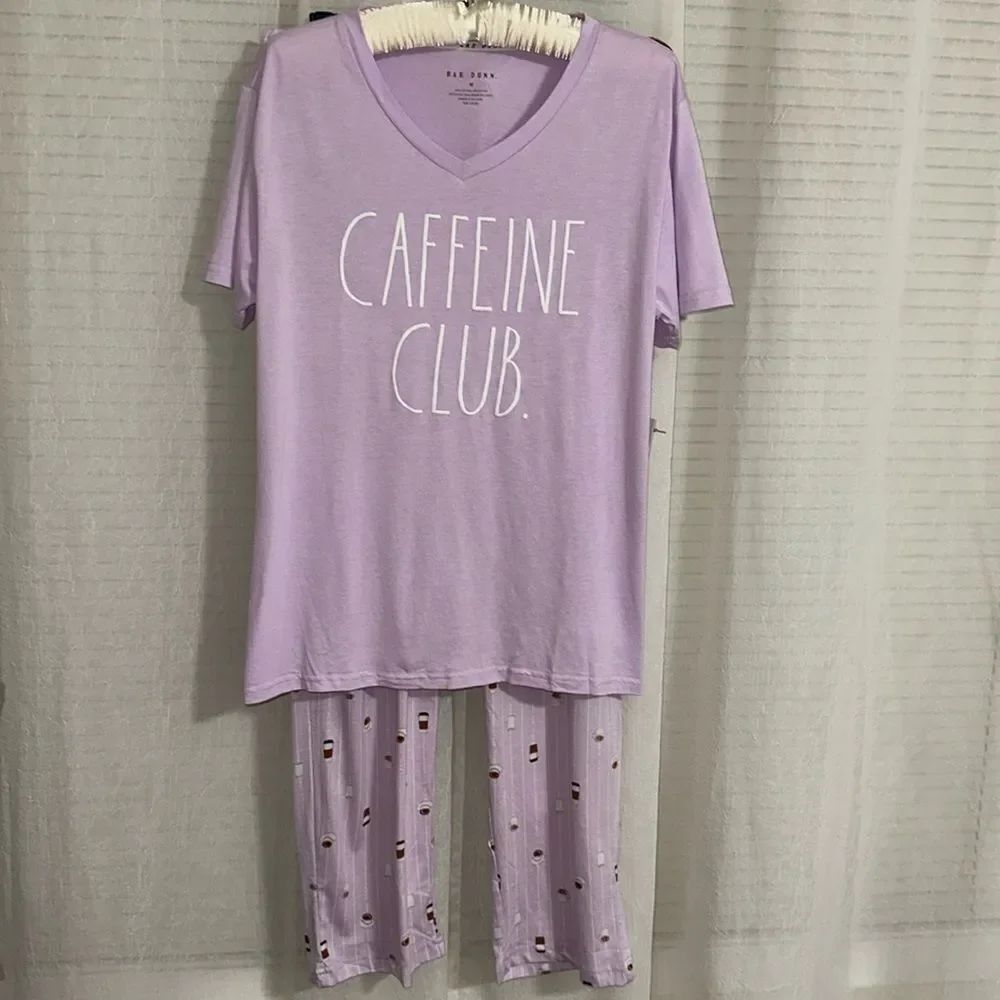 RAE DUNN. M Lavender White CAFFEINE CLUB. V-Neck Short Sleeve Tee Pants PJ Set